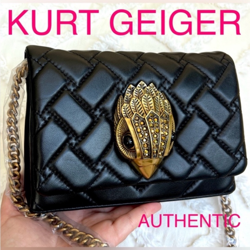 Kurt Geiger London Eagle Head Quilted Leather Crossbody Bag Black Gold Chain